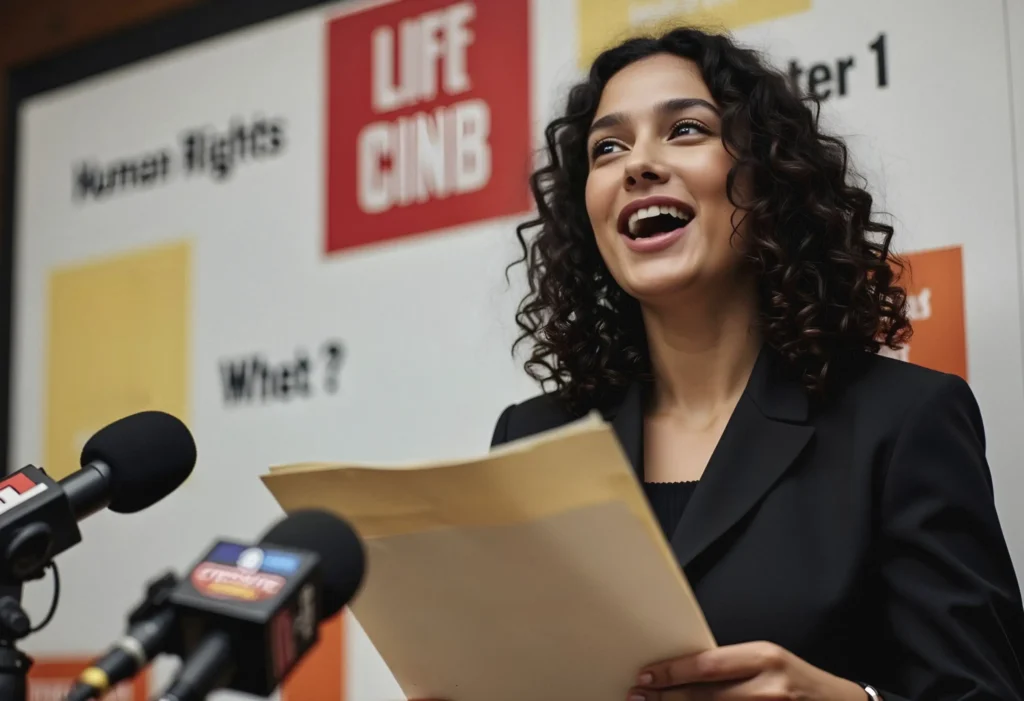 Mulher discursando em conferência de direitos humanos.