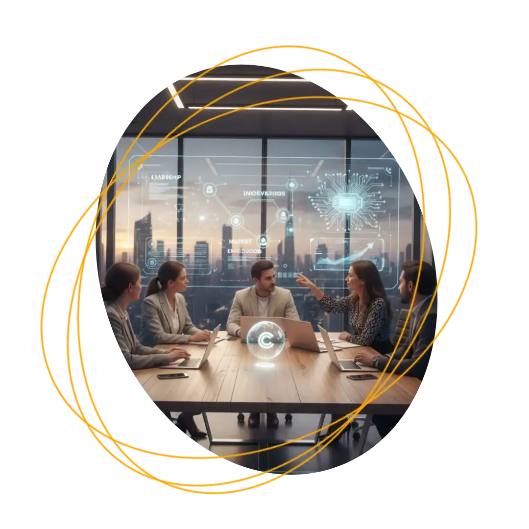 Reunião empresarial com hologramas e tecnologia avançada.