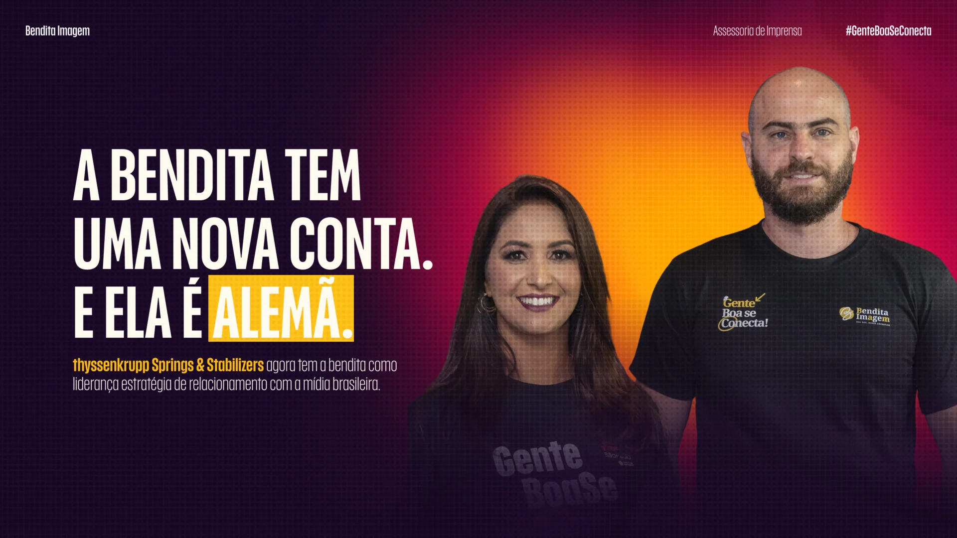 Michele Barcena e Augusto Pigini, sócios da Bendita Imagem, anunciam a nova parceria com a thyssenkrupp Springs & Stabilizers como agência de assessoria de imprensa no Brasil